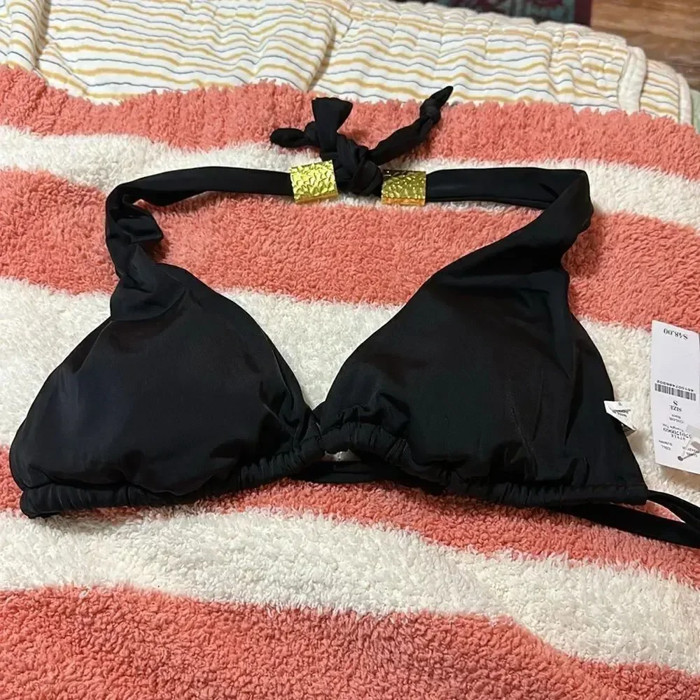 NWT White House Black Market Bikini Triangle TOP Black and Gold